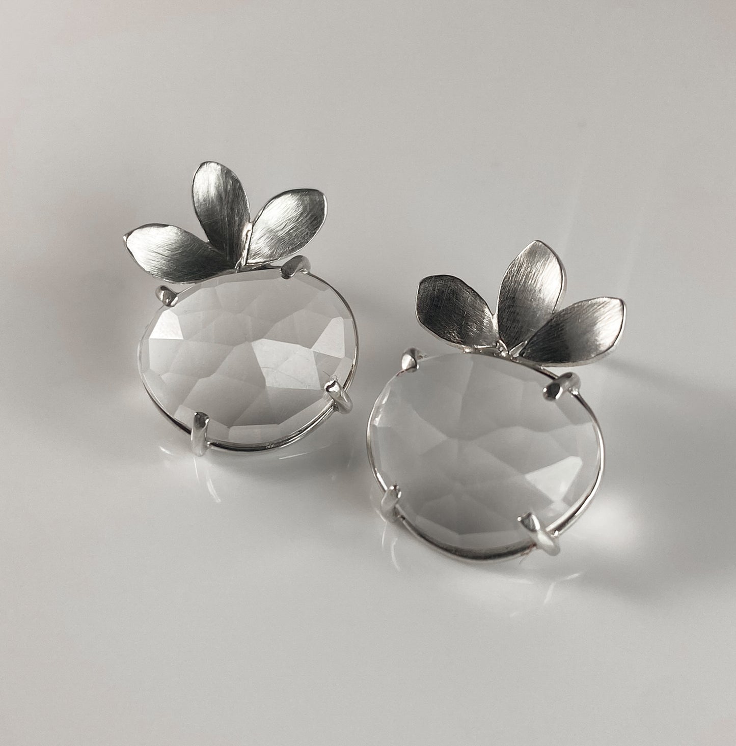 Rosecut Clear Quartz Stud Earrings with Petals