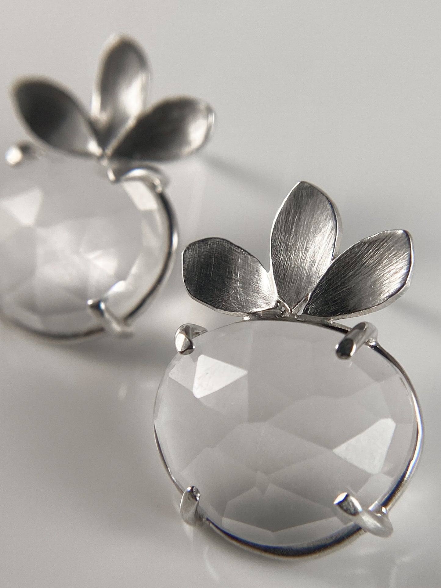 Rosecut Clear Quartz Stud Earrings with Petals