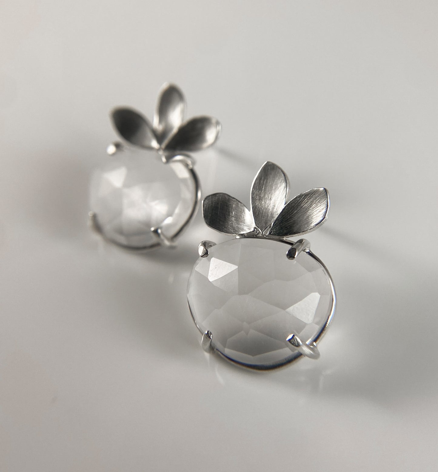 Rosecut Clear Quartz Stud Earrings with Petals