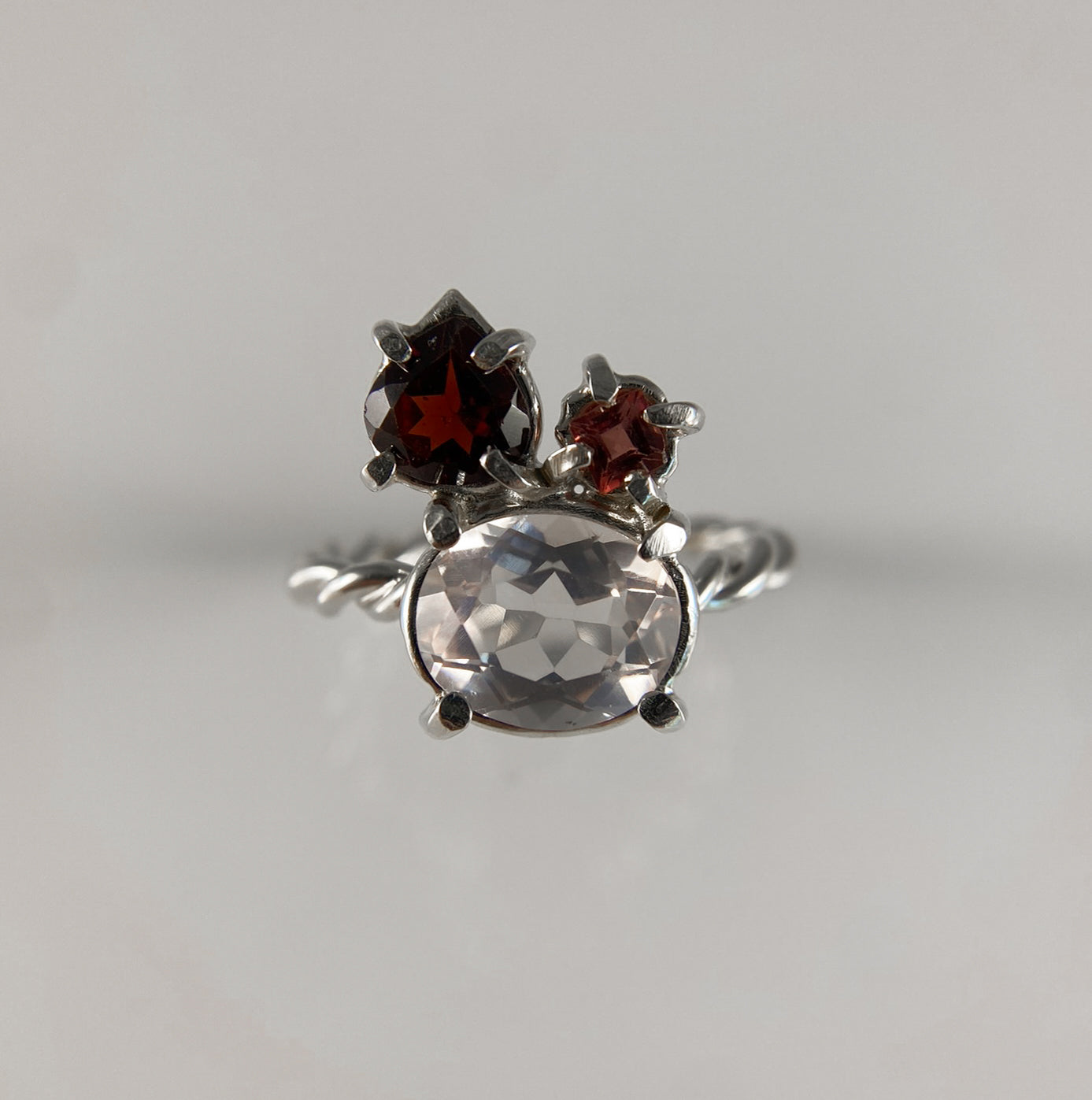 Oval Rose Quartz and Garnet Ring