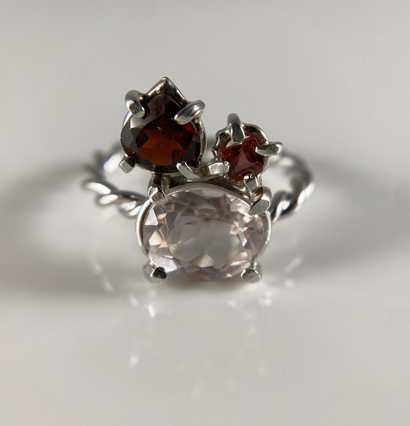 Oval Rose Quartz and Garnet Ring
