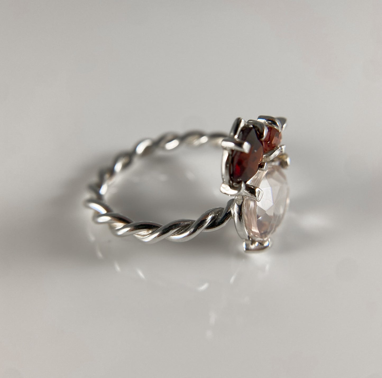 Oval Rose Quartz and Garnet Ring