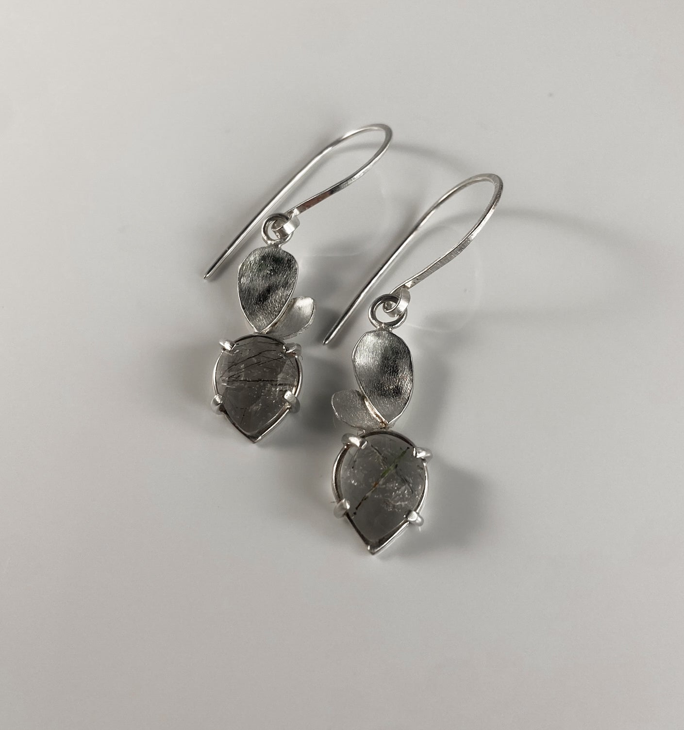Rutilated Quartz Pear Drop Earrings with Petals