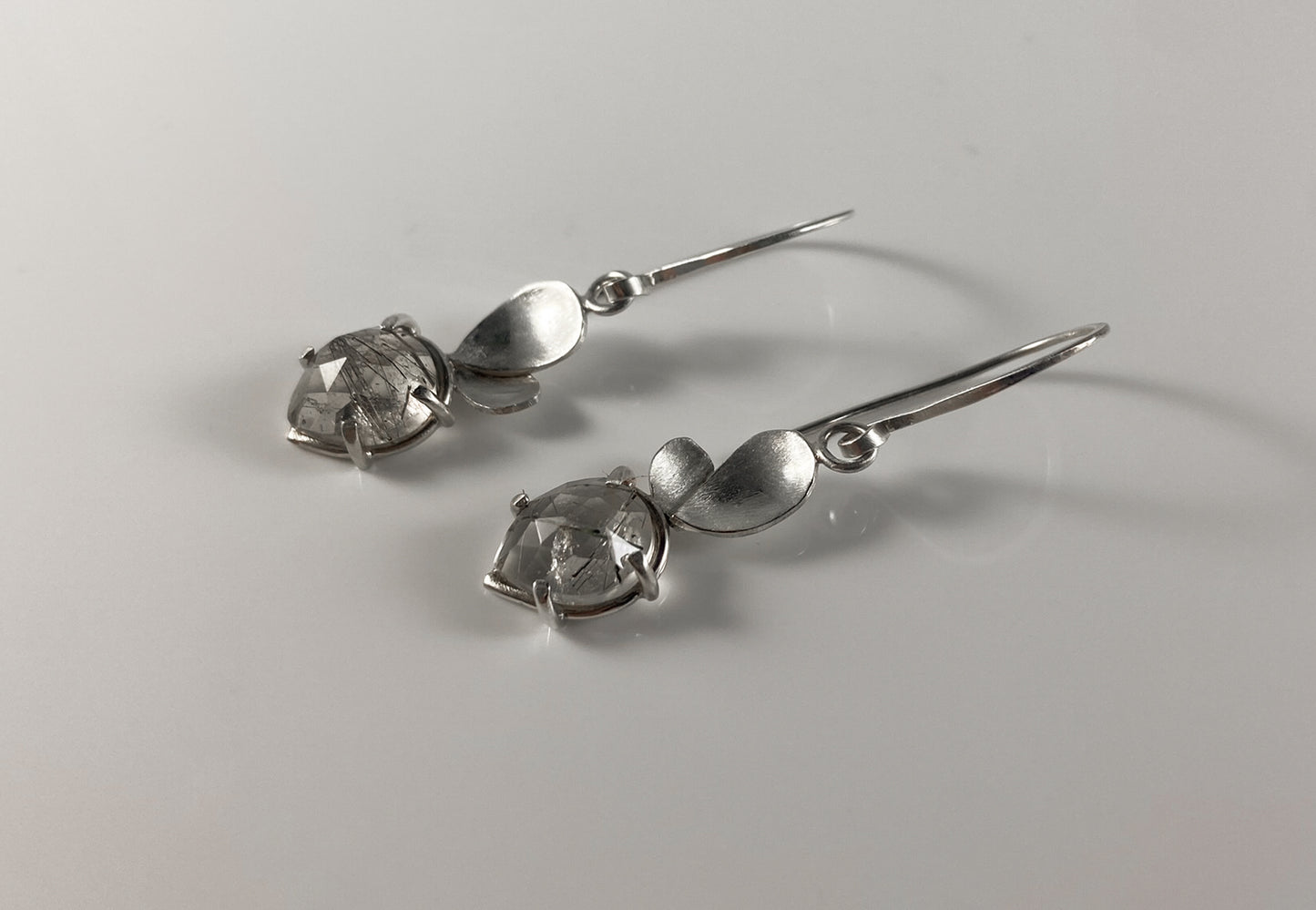 Rutilated Quartz Pear Drop Earrings with Petals
