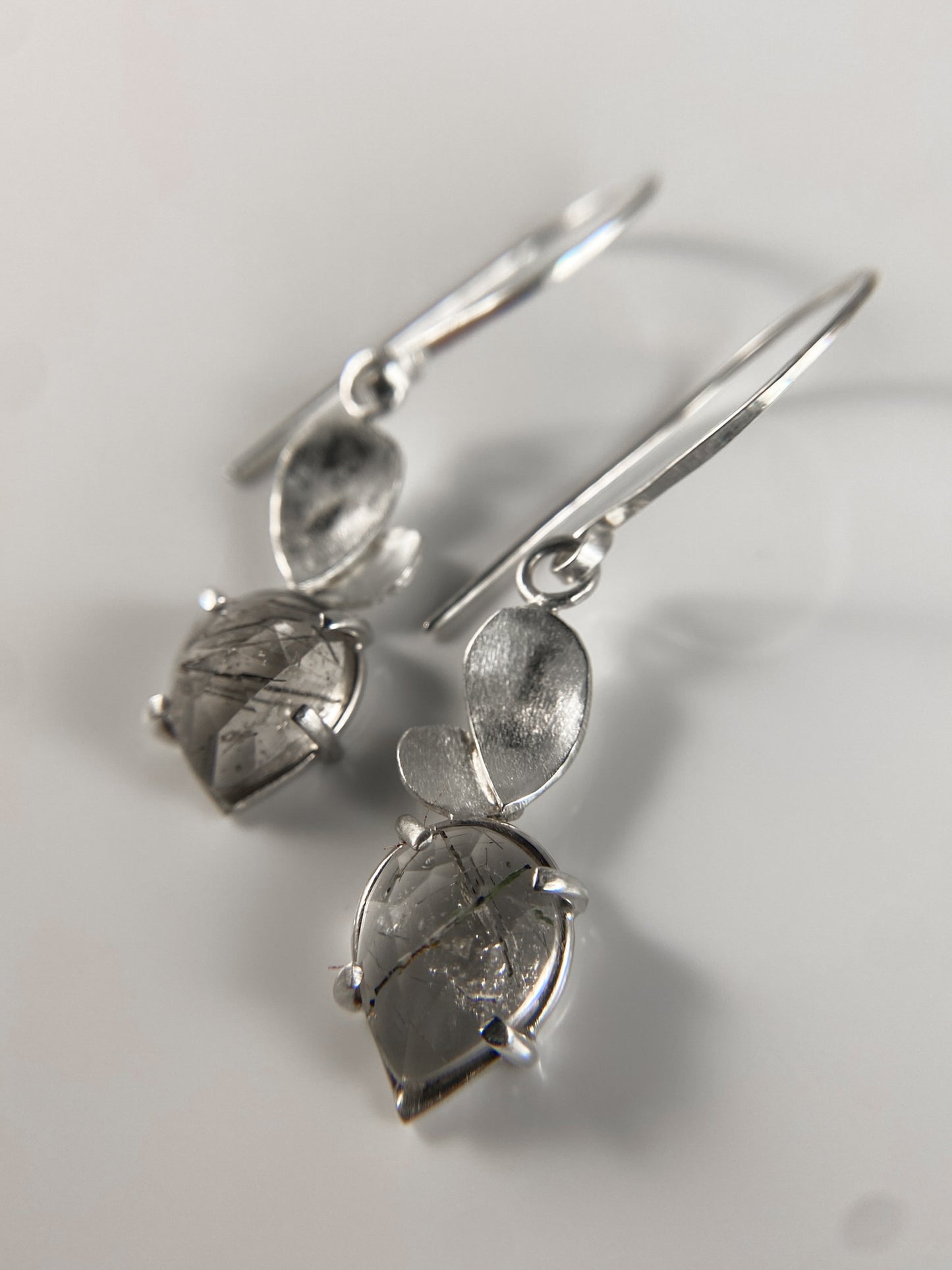 Rutilated Quartz Pear Drop Earrings with Petals