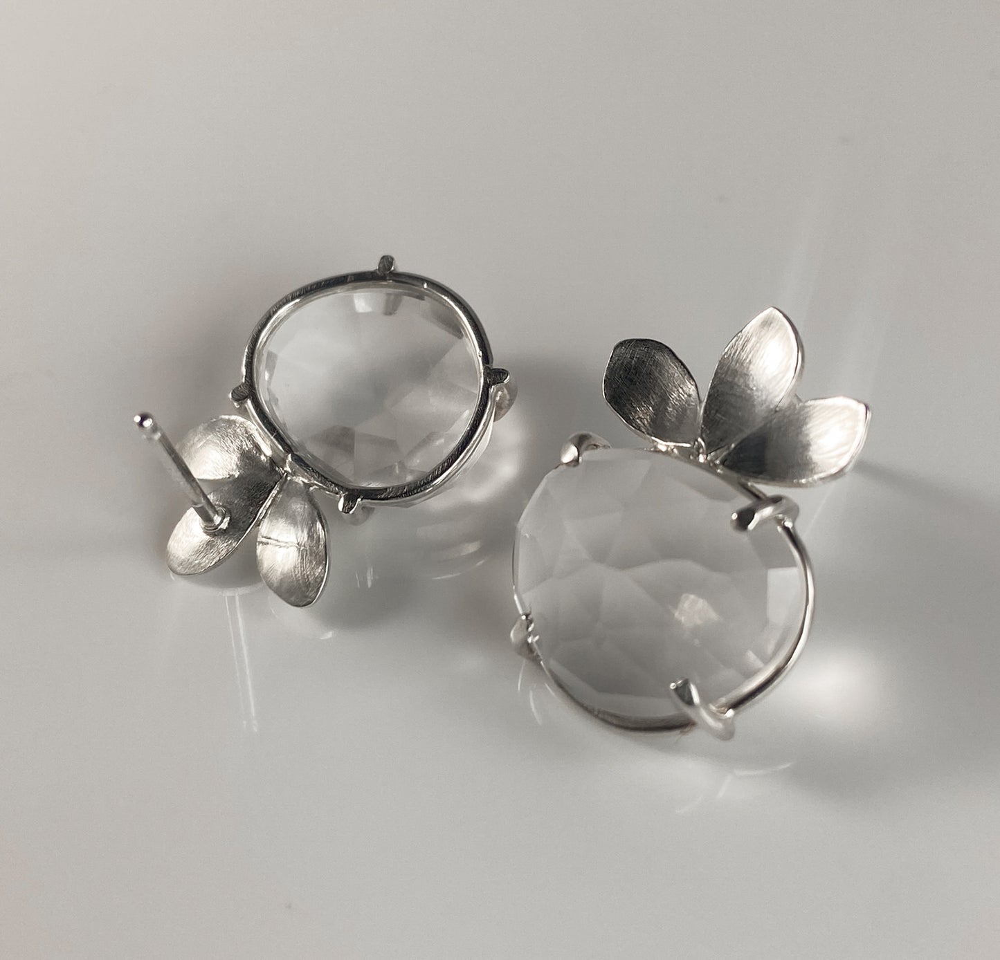 Rosecut Clear Quartz Stud Earrings with Petals