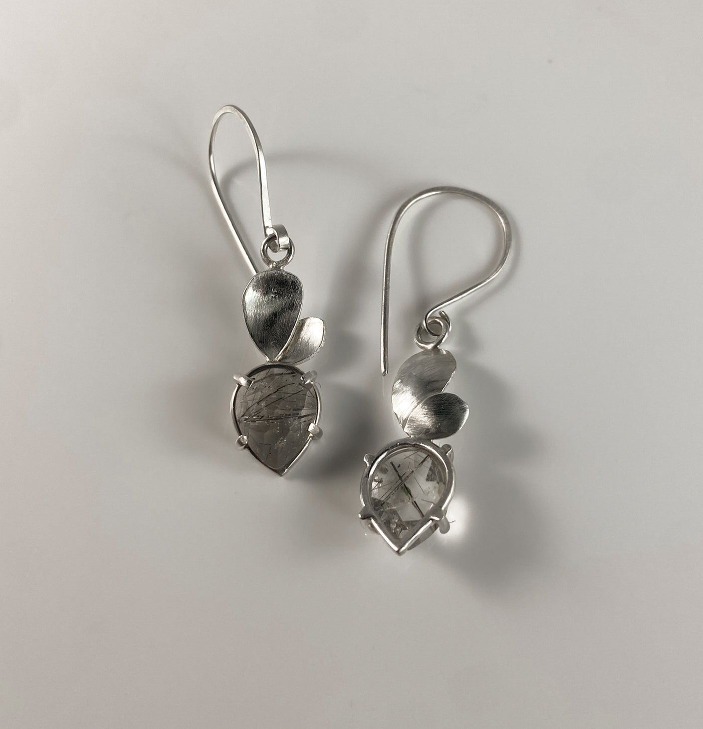 Rutilated Quartz Pear Drop Earrings with Petals